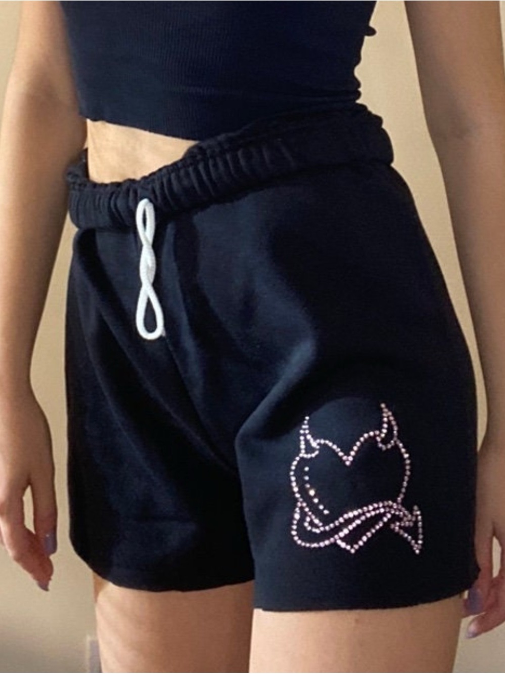 Black High-Waist Sweat Shorts with Pink Rhinestone Heart Accent